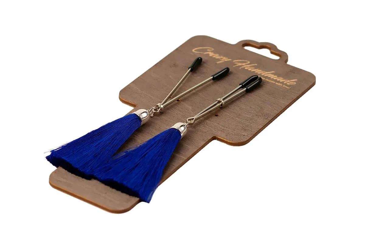 Зажимы-вилки на соски PinkRabbit с кисточками из шелка, синие