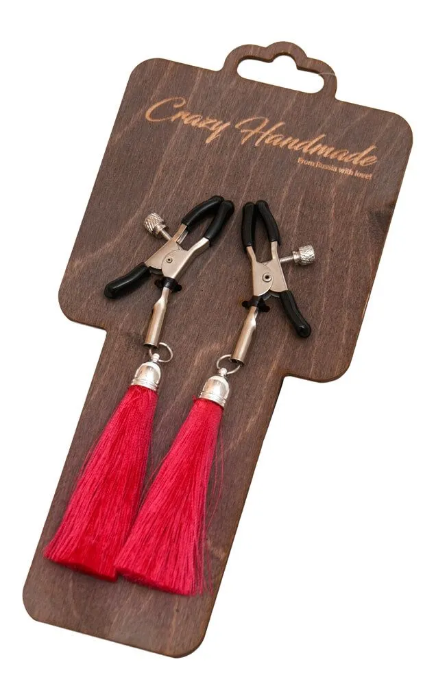 Зажимы на соски PinkRabbit с кисточками из шелка, бордовые