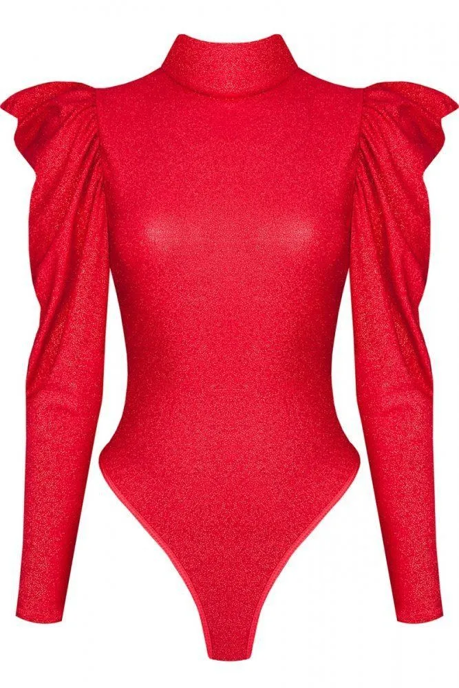 Эротическое боди с рюшами на плечах и вырезом на спине demoniq, красное в Новом Уренгое