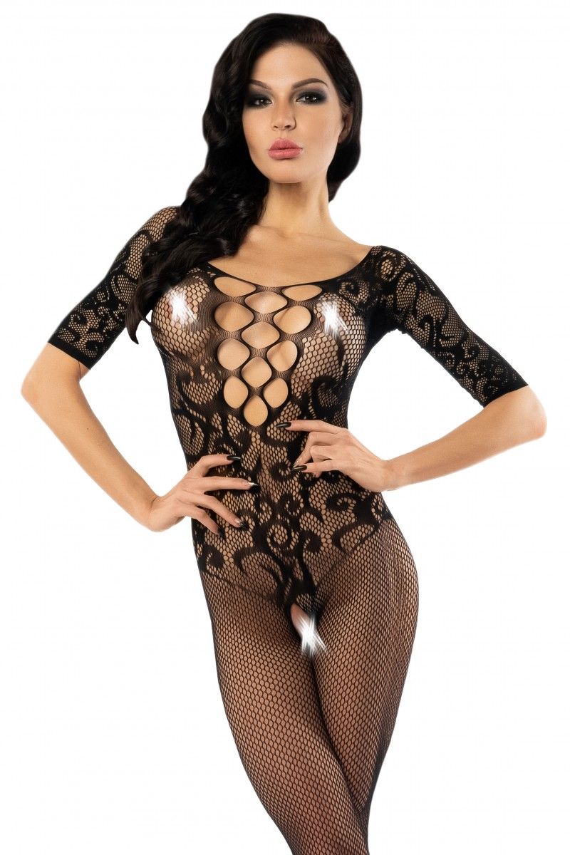 Эротическое комбинезон-сетка кружевной с доступом, черная в Новом Уренгое